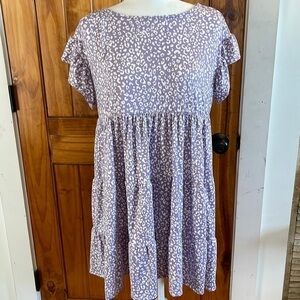 Oddy Purple White Animal Print Leopard Knit  Mini dress Tunic Top Tiered Small
